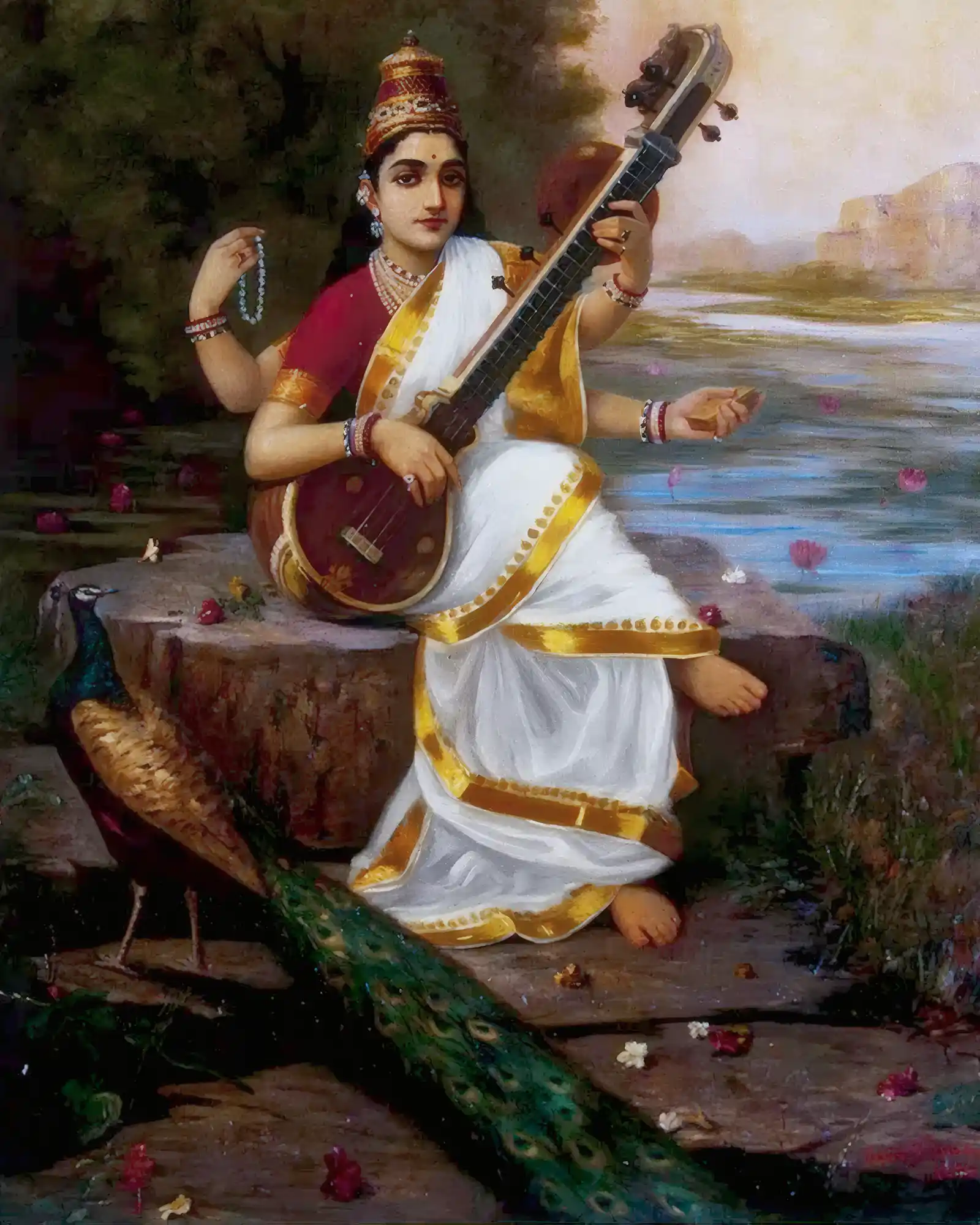 Painting of Saraswati with veena and swan